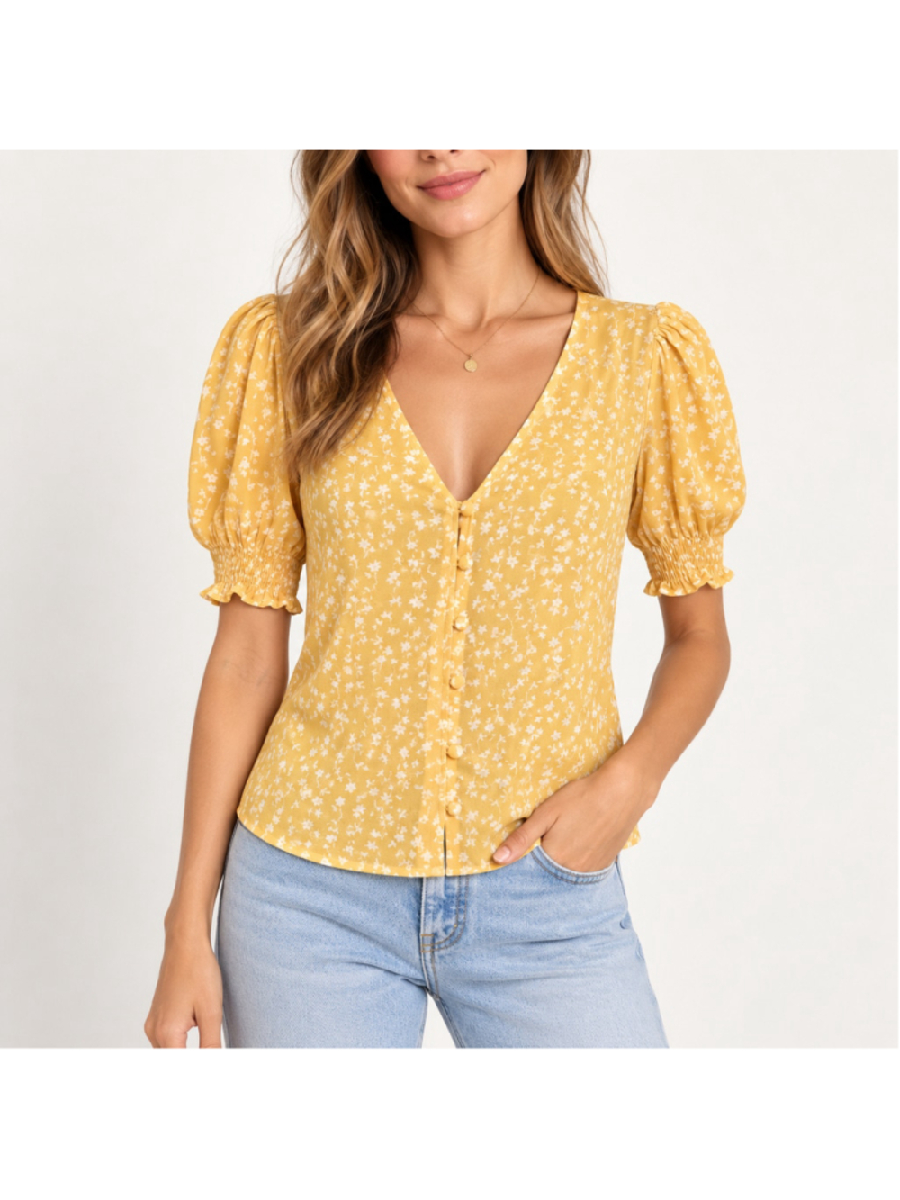 BB Dakota Butter Yellow Floral Puff Sleeve Blouse XS Romantic